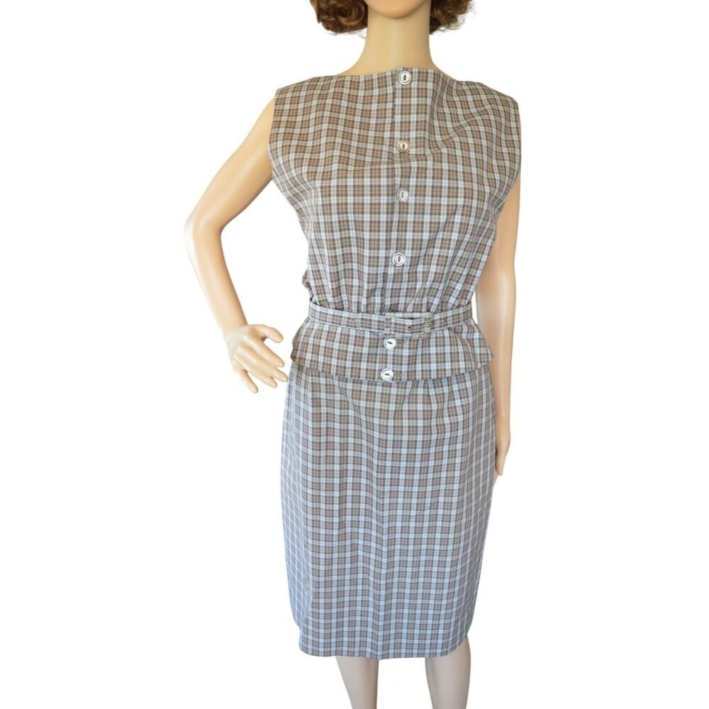 Vintage 60s Patty Woodard Brown Plaid Belted Skirt Set Juniors Size Small Coquet - Picture 2 of 16